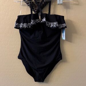 Catalina Black Swimsuit with White Floral Detail